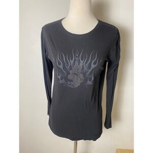Long Sleeve Graphic Tee Black Y2K Rhinestone Flame Biker Grunge Emo XL